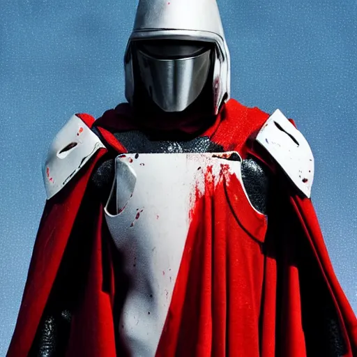 Prompt: a towering soldier with vertical nose slits, wearing blood - spattered glossy sleek white dinged scuffed armor and a long torn red cape, heroic posture, battle - weary, strained expression, determined expression, no helmet, on the surface of mars, dramatic lighting, cinematic, sci - fi, hyperrealistic, detailed
