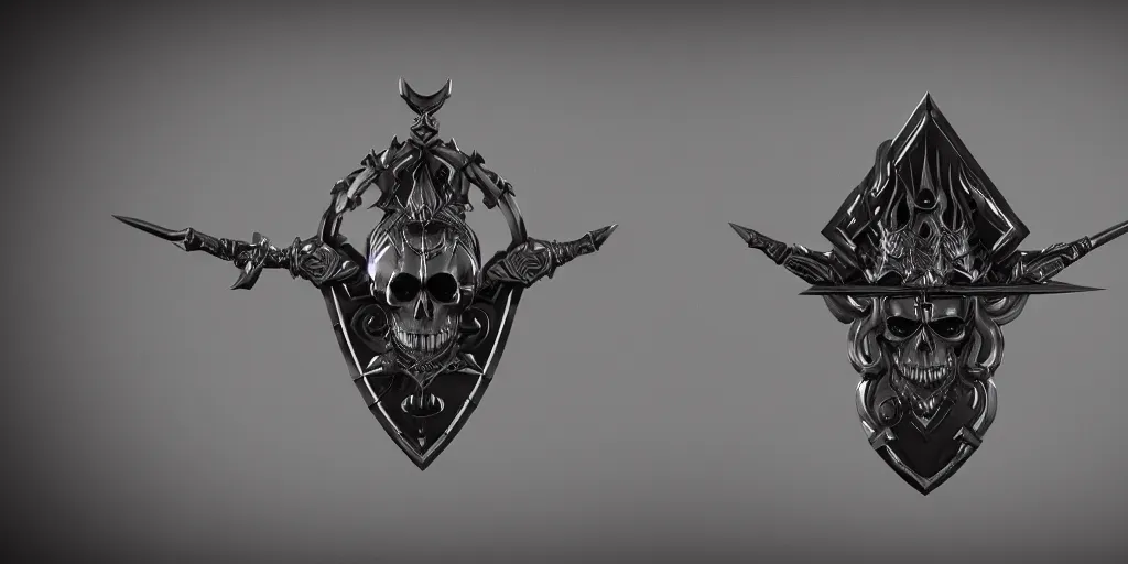 Image similar to a black and silver sword skull crest, orthographic, ornament, weapon, a 2 d render by dom qwek, front side, concept art, trending on polycount, artstation, hard surface modeling, rendered in maya, zbrush, hd, vray, blizzard, symmetry