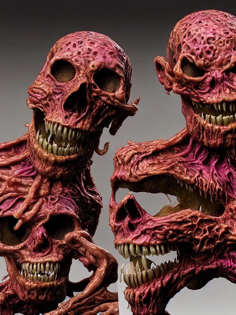 Image similar to hyperrealistic subsurface scattering rendering, fat smooth wet cronenberg flesh monster smooth skull and ribcages kaiju by art of skinner and richard corben and jeff easley, product photography, action figure, sofubi, studio lighting, colored gels