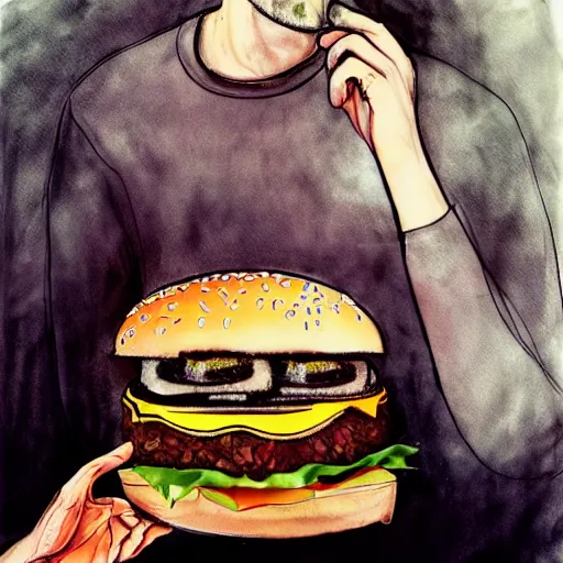 Prompt: bill pullman eating giant hamburgers full body by agnes cecile, pastel light colours, ink drips, autumn lights