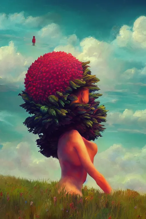Image similar to closeup, giant flower head, a girl on beach, surreal photography, wind and cold, dramatic sky, impressionist painting, digital painting, artstation, simon stalenhag