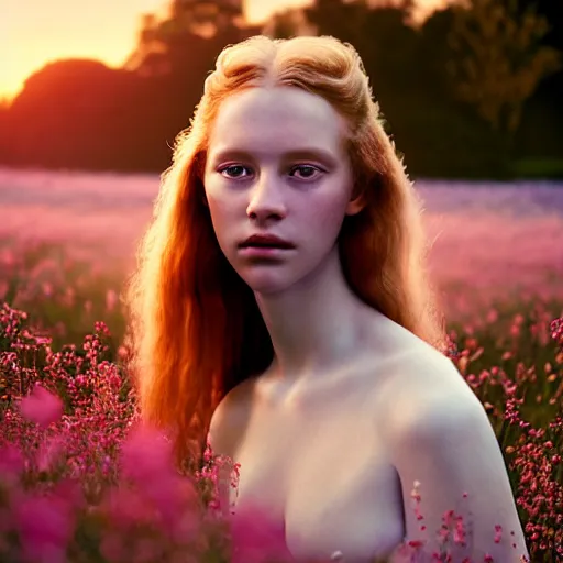 Prompt: photographic portrait of a stunningly beautiful english renaissance female in a river of flowers in soft dreamy light at sunset, soft focus, contemporary fashion shoot, hasselblad nikon, in a denis villeneuve movie, by edward robert hughes, annie leibovitz and steve mccurry, david lazar, jimmy nelsson, hyperrealistic, perfect face