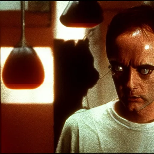 Image similar to Possession (1981) movie by Andrzej Żuławski, movie still, robot head and man head, dop