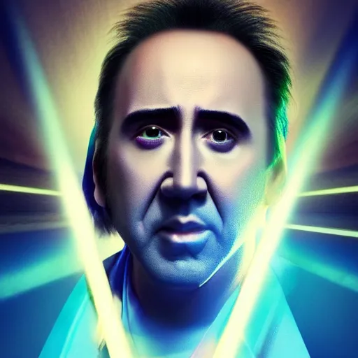 Image similar to Nicolas Cage is ultra fast blazing lasers, epic scenery, dramatic lights, dynamic laser beams, ultra realistic, hyperrealism, octane render, 8k, super sharp, crisp edges, smooth symmetrical face, golden ratio, 16k,