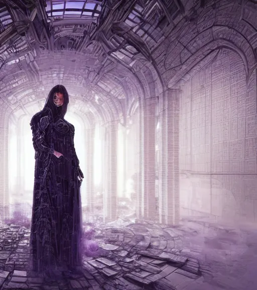 Image similar to ethereal picture of tarkovsky greatest scene, aura of the ancient destroyed majestic tower of babylon, a woman in futuristic cyber clothing, transparent puffer jacket, hyperealistic, blockchain, cyber world, ambient lighting, concept art, intricate, hyper detailed, smooth, dynamic volumetric lighting, ocatane, ray trace, cinematic, high quality, cgsociety