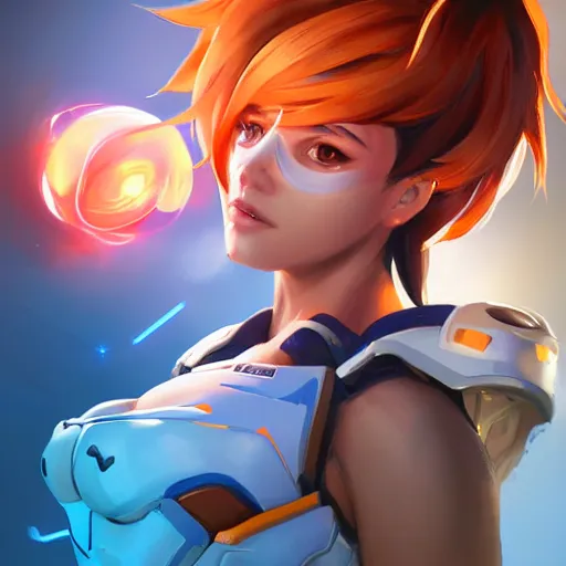 Prompt: A beautiful portrait of Tracer from Overwatch pondering her orb, long shot, realistic, highly detailed, by Stanley Artgerm Lau, WLOP, and Rossdraws, digtial painting, orange and blue color scheme, trending on ArtStation