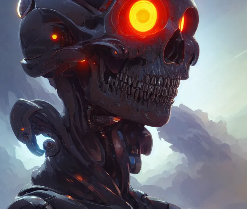 Image similar to Cyborg skull front view, sci-fi, highly detailed, digital painting, artstation, concept art, smooth, sharp focus, illustration, art by artgerm and greg rutkowski and alphonse mucha