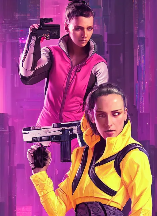 Prompt: beautiful cyberpunk female athlete wearing pink jumpsuit and yellow jacket. firing a futuristic red automatic pistol with huge magazine. ad for pistol. cyberpunk poster by james gurney, azamat khairov, and alphonso mucha. artstationhq. gorgeous face. painting with vivid color, cell shading. ( rb 6 s, cyberpunk 2 0 7 7 )