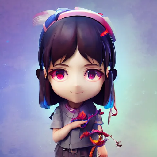 Image similar to a digital painting of a girl with a fish on her head, chibi, xu weili, bada, 3 d nft, nendoroid 3 d, cyberpunk art by hanna kime, avetetsuya studios, cgsociety, seapunk, anime aesthetic, rendered in maya