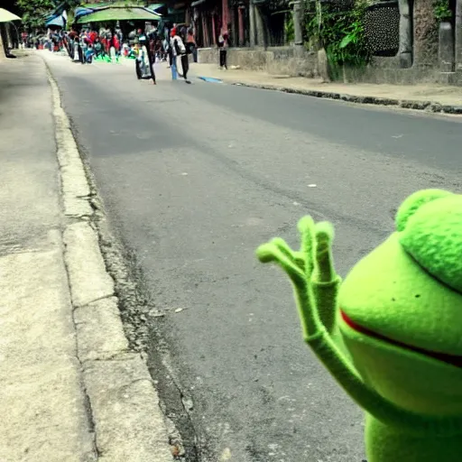 Prompt: A long shot, cameraphone, outdoors picture of Kermit the frog walking in Guatemala, midday