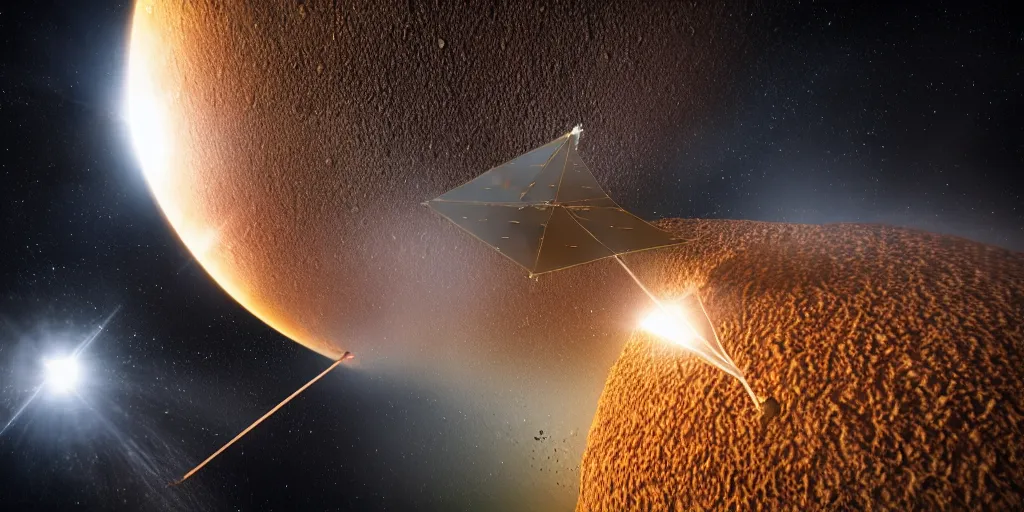 Prompt: close up of a solar sail probe entering a solar system carrying a dead alien. The probe is from an isolated star in a thick dust cloud, highly detailed, desolate, cinematic, UE5, 8K, 4K