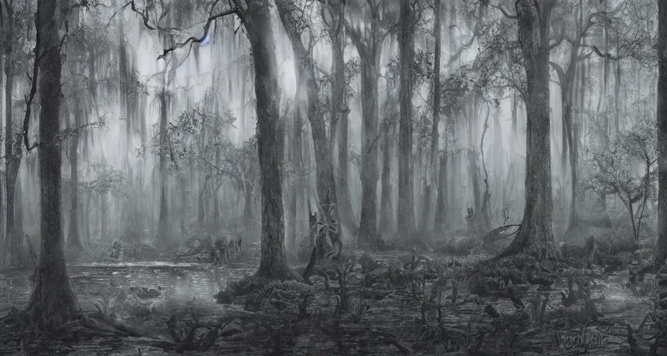 Image similar to A dense and dark enchanted forest with a swamp, by James Gurney