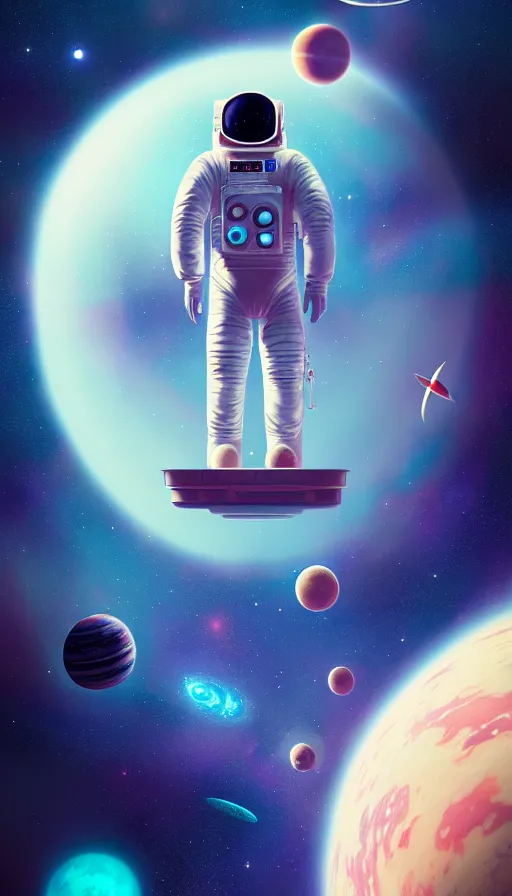 Prompt: a beautiful universe composition, astronaut floating, planets, sky, dream, highly detailed, digital painting, refreshing, trending on artstation, octane render, illustration by james jean