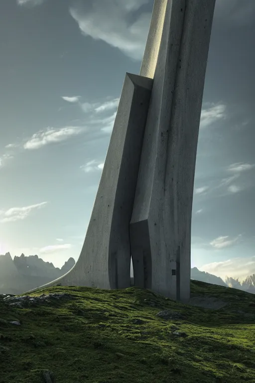Image similar to sci - fi concrete brutalist architecture in the italian dolomites, zaha hadid, beksinski, photoreal, highly detailed, 8 k, hd, vray, artstation, trending on behance, cinematic matte painting, extreme detail photo quality, green moss, sunrays, sunset, featured on behance