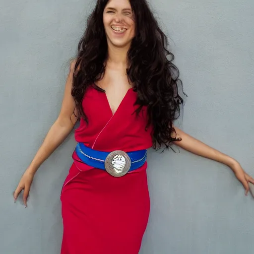 Prompt: A woman with long wavy brunette hair wearing a blue dress with a red belt