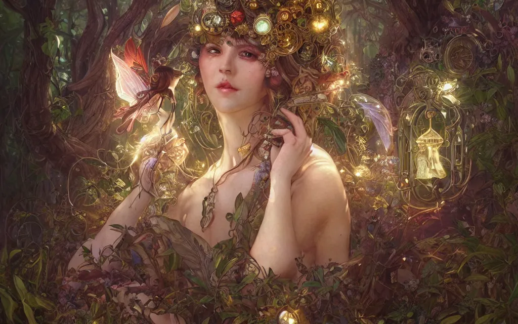 Image similar to ultra realistic illustration of steampunk magical fairy, forest, fantasy, lenses, colorful lights, intricate, elegant, highly detailed, digital painting, artstation, concept art, smooth, sharp focus, illustration, art by artgerm and greg rutkowski and alphonse mucha