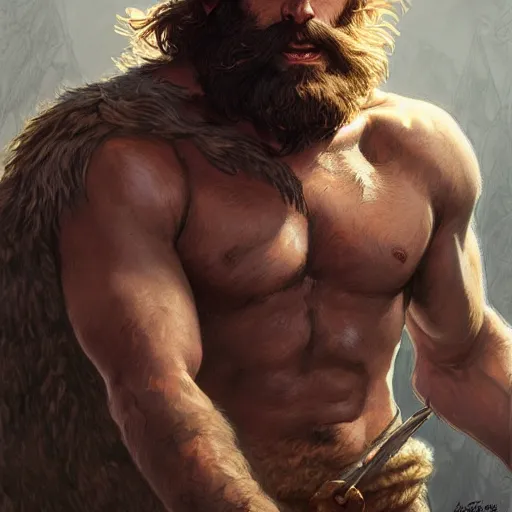 Prompt: portrait of a young rugged male barbarian, handsome, upper body, hairy torso, D&D, muscular, fantasy, intricate, elegant, highly detailed, digital painting, artstation, concept art, smooth, sharp focus, illustration, art by artgerm and greg rutkowski and alphonse mucha