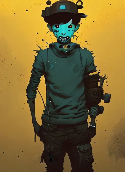 Image similar to highly detailed portrait of a sewer punk young man by atey ghailan, james gilleard, by joe fenton, by greg rutkowski, by greg tocchini, by kaethe butcher, 4 k resolution, gradient yellow, black, brown and cyan color scheme, grunge aesthetic!!! ( ( dystopian graffiti tag wall in background ) )