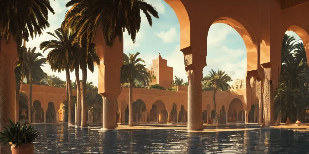 Image similar to beautiful bath house surrounded by palm trees, moroccan tile archways,, ivory towers, sun setting, ross tran, nephilim, pyroclastic flow, ethereal, fantasy, james jean, oozium, peter morbacher, angelarium, alchemy, luxury, heavenly light, soft illumination, trending on artstation, cinematic lighting, digital painting, octane render, artgerm