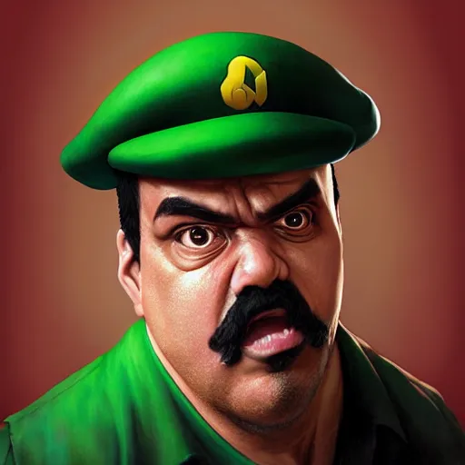 Prompt: hyper realistic, realistic - anime, portrait, beautifully rendered, luis guzman as luigi wearing green, smirking deviously, luigi, luigi's nose, painted by jan van eyck, greg rutkowski, wlop, artgerm, dishonored 2,