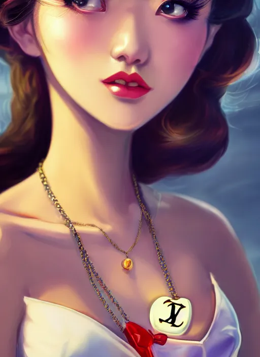 Image similar to a pin up and beautiful fashion dreamlke japan girl with lv jewelry, character art, art by artgerm, wlop, loish, hyperdetailed, 8 k realistic, symmetrical, global illumination, radiant light, frostbite 3 engine, cryengine, dof, trending on artstation, digital art, chanel, dior, detailed background