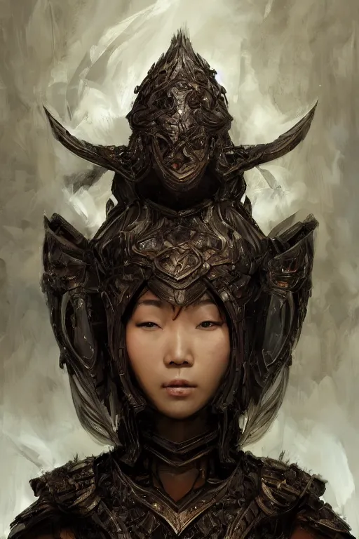 Image similar to Art station concept of Asian woman, fair skin, big eyes, long black hair, no bangs, wearing sculpted textured armor, closes her eye, battle damage, intricate complexity, close-up of the front of the face, resolute expression, back lighting, 4K resolution, symmetric, clear facial features, by Ruan Jia and Mandy Jurgens and William-Adolphe Bouguereau, Karol Bak, smooth, sharp focus, rich deep colors, Unreal Engine 5, digital render, intricate, ultra realistic, concept art