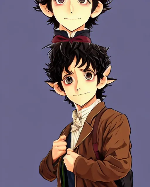 Image similar to portrait Anime joyful Hobbit Frodo Baggins; velvet brown jacket, backpack, Shire background || cute-fine-face, pretty face, realistic shaded Perfect face, fine details. Anime. realistic shaded lighting by Kim Jung Gi