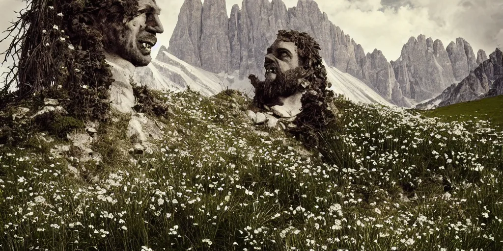 Prompt: old alpine famers head being overgrown by edelweiss, smiling, dolomites in background, dark, eerie, despair, portrait photography, artstation, adward winning, artstation, highly detailed, sharp focus, by caravaggio