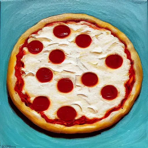 Image similar to an impasto oil painting of a pizza magherita, 4 k resolution, italy, white red and green color schemea