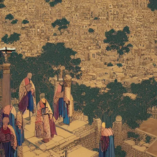 Prompt: 1000bc nazareth with holy monuments and crowd, by Victo Ngai and takato yamamoto, painting with micro detail, backlit lighting, face in focus, subsurface scattering, translucent, octane renderer, colorful, physically based rendering