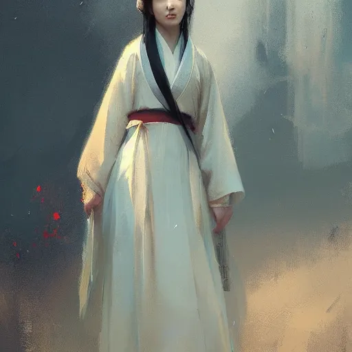 Image similar to oil painting girl wearing hanfu, herb rose, by greg rutkowski, artstation