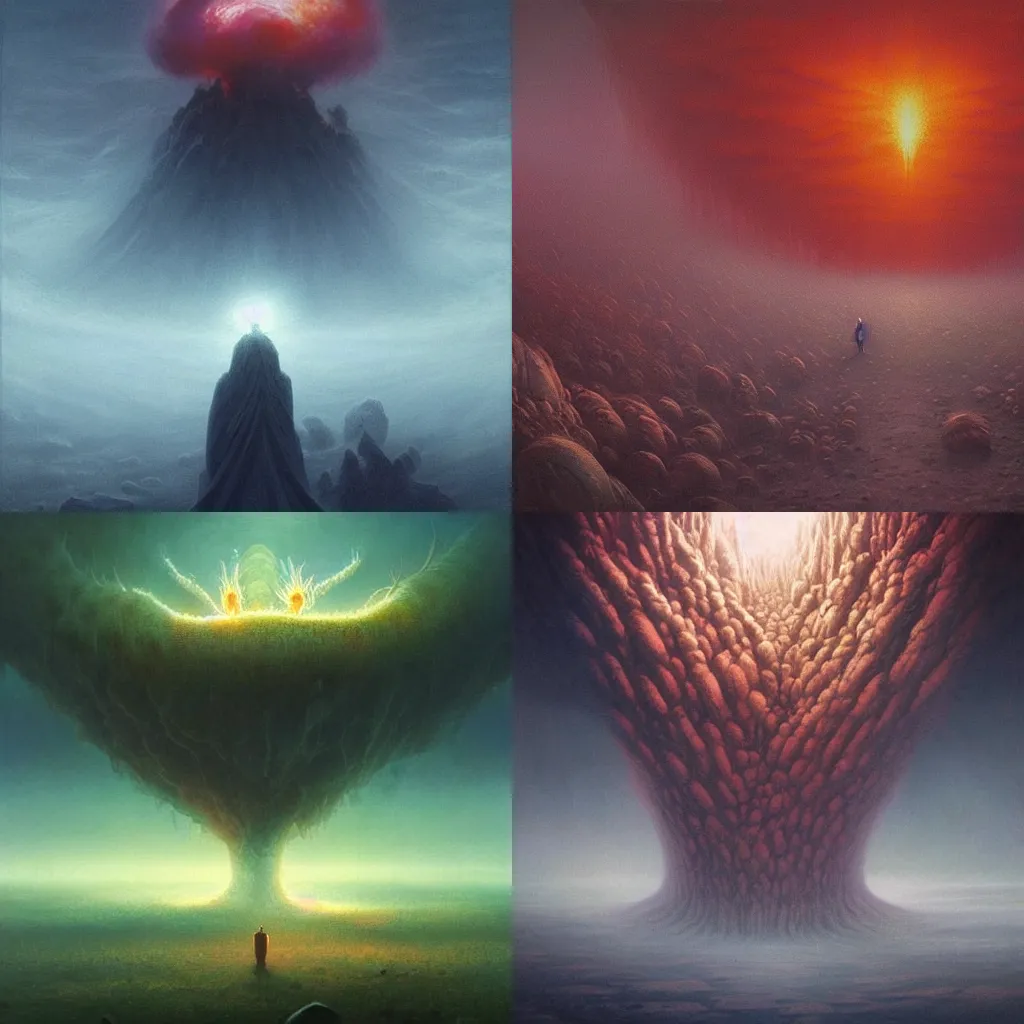 Prompt: fractal donald trump terror and horror painting descending on earth, by greg rutkowski and studio ghibli, inspired by zdzisław beksinski, cinematic, atmospheric, dramatic colors, dawn.