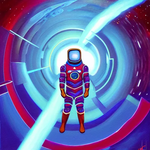 Image similar to spaceman superhero isometric scifi astral spirit space journey in oil painting, pulled into the spiral vortex, trending on artstation, award winning, emotional, highly detailed ethereal isometric surrealist art