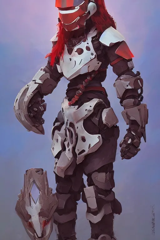 Image similar to combination suit armor aloy horizon forbidden west horizon zero dawn robot ninja mask helmet backpack tribal, fanart behance hd artstation by jesper ejsing, by rhads, makoto shinkai and lois van baarle, ilya kuvshinov, ossdraws