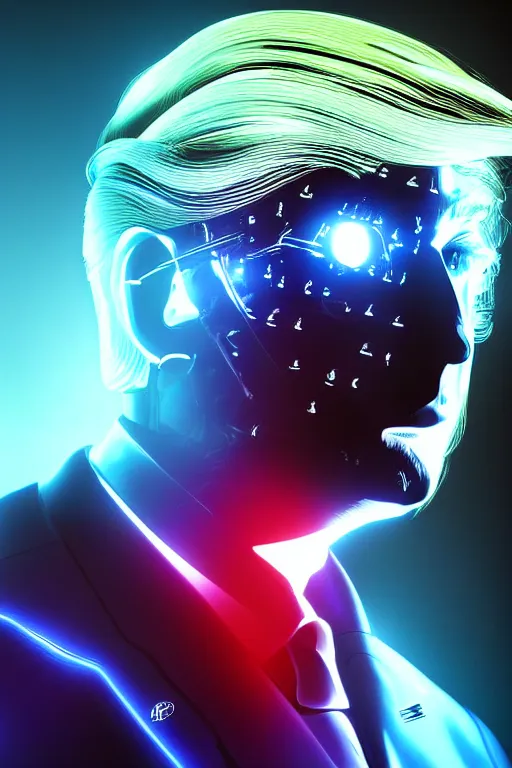 Image similar to portrait of cyber donald trump, futuristic style, neon lights, fog volumetrics, cyborg futuristic sci - fi