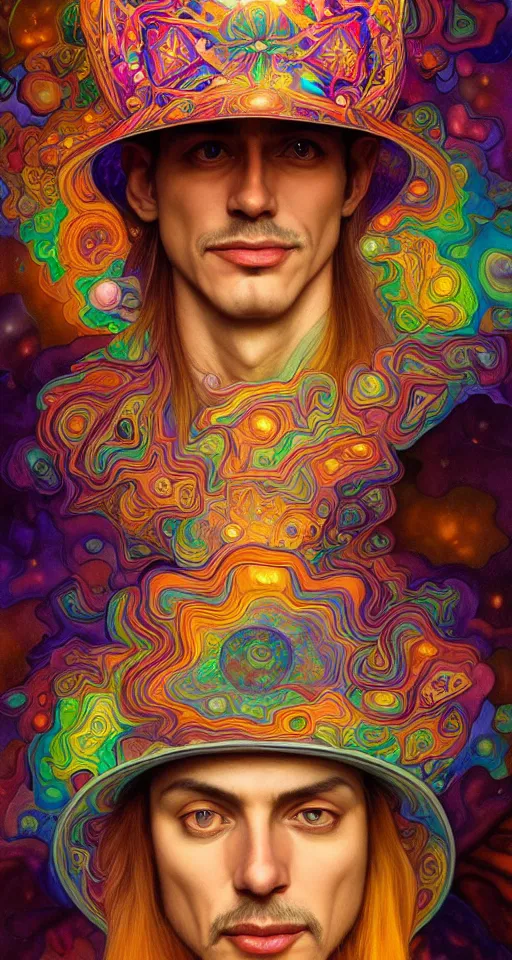 Image similar to An extremely psychedelic celestial smiling Larry Harvey white fedora hat, colorful, surreal, dramatic lighting, magic mushrooms, psilocybin, LSD, detailed, intricate, elegant, highly detailed, digital painting, artstation, concept art, smooth, sharp focus, illustration, art by Krenz Cushart and Artem Demura and alphonse mucha