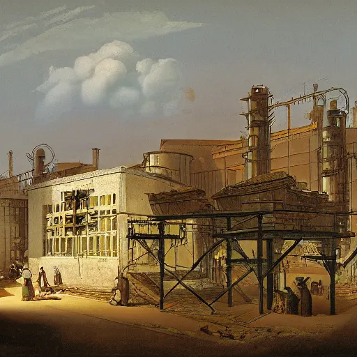 Image similar to factory from the industrial revolution in the style of carl spitzweg