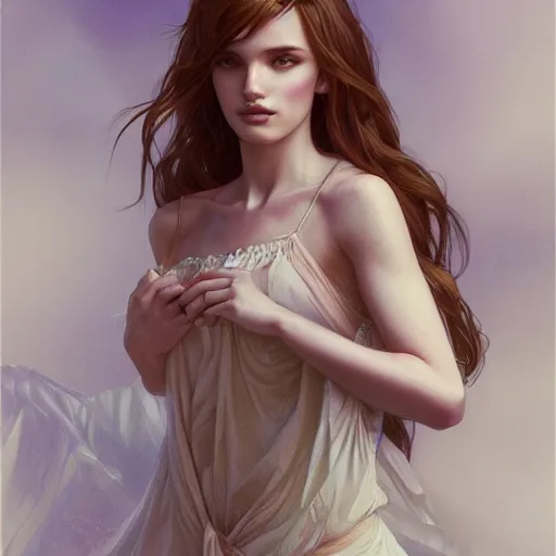 Prompt: ultra realistic illustration, bella thorne, nightgown, intricate, elegant, highly detailed, digital painting, artstation, concept art, smooth, sharp focus, illustration, art by artgerm and greg rutkowski and alphonse mucha