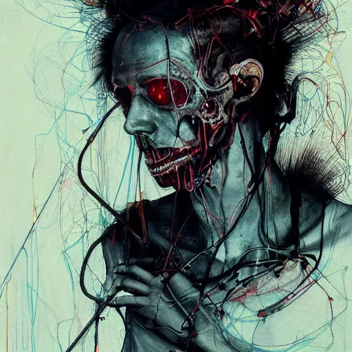 Image similar to in a dark room, a male cyberpunk hacker, skulls, wires cybernetic implants, machine noir steelpunk grimcore, in the style of adrian ghenie esao andrews jenny saville surrealism dark art by james jean takato yamamoto and by ashley wood