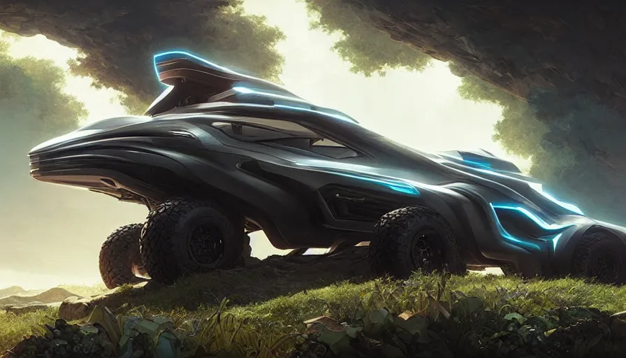 Image similar to a futuristic offroad suv by artgerm and greg rutkowski and alphonse mucha, zaha hadid, an epic fantasy, volumetric light, detailed, octane render, midsommar