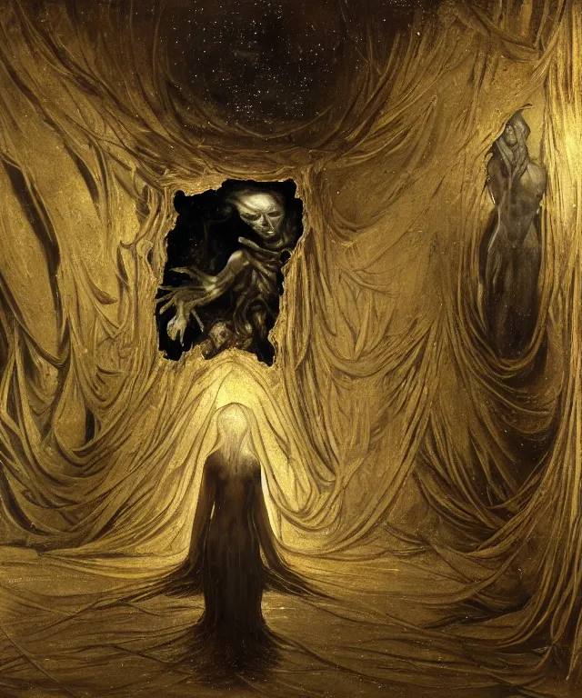 Prompt: The room without doors and windows with beautiful full-body wax sculpture of a glowing transparent woman with visible golden bones inside it in the singularity where stars becoming baroque folds of dark matter by Michelangelo da Caravaggio, Nicola Samori, William Blake, Alex Grey and Beksinski, dramatic volumetric lighting, highly detailed oil painting, 8k, masterpiece