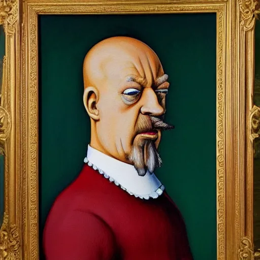 Prompt: vividly colorful oil painting portrait of Homer Simpson in aristocratic dress the style of Cranach the Younger