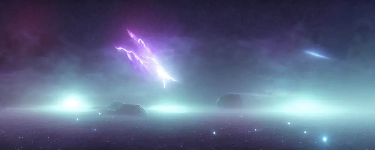 Image similar to render of haunting atmospheric space, nebula, homeworld skies, volumetric lighting, fog, smoke