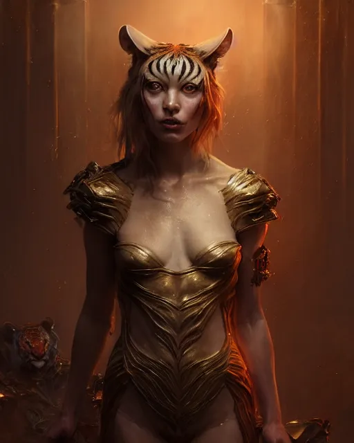Image similar to daniel gerhartz and wlop and tom baghshaw, detailed portrait, digital painting of a beautiful half - tiger half - woman, evil mood, throne room in the background, embers flying, unreal engine, hyper realism, realistic shading, cinematic composition, blender render, octane render, ultrawide shot