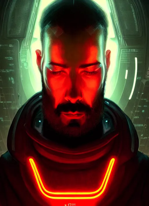 Prompt: symmetry!! portrait of bearded man, sci - fi -, cyberpunk, blade runner, glowing lights, tech, biotech, techwear!! intricate, elegant, highly detailed, digital painting, artstation, concept art, smooth, sharp focus, illustration, art by artgerm and greg rutkowski and alphonse mucha