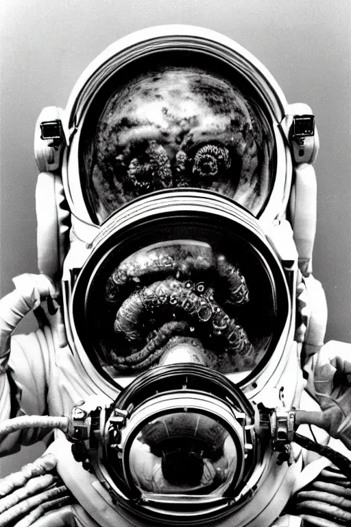 Prompt: extremely detailed studio portrait of space astronaut, alien tentacle protruding from eyes and mouth, slimy tentacle breaking through helmet visor, shattered visor, full body, soft light, disturbing, shocking realization, award winning photo by diane arbus