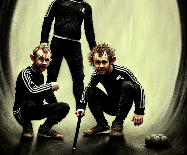 Prompt: dominic monaghan and billy boyd as hobbits squatting slavs in black adidas track suits with white stripes down the leg, caricature, highly detailed, digital painting, artstation, concept art, sharp focus, cinematic lighting, illustration, art by met mangindaan, artgerm and greg rutkowski, alphonse mucha, cgsociety