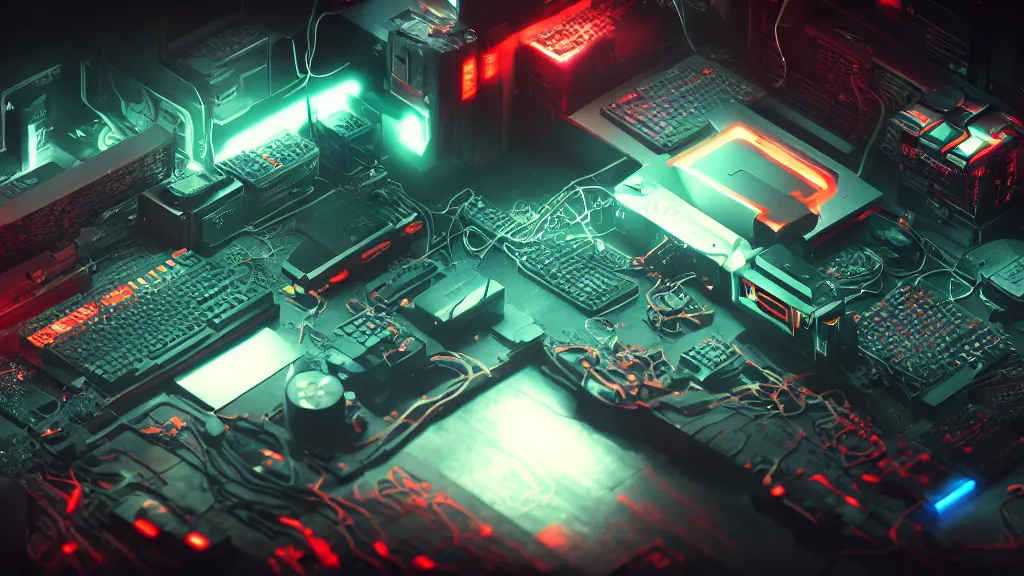 Image similar to a cyberpunk overpowered computer. Overclocking, watercooling, custom computer, cyber, mat black metal, orange neon stripes, alienware, futuristic design, Beautiful dramatic dark moody tones and lighting, Ultra realistic details, cinematic atmosphere, studio lighting, shadows, dark background, dimmed lights, industrial architecture, Octane render, realistic 3D, photorealistic rendering, 8K, 4K, computer setup, intricate details