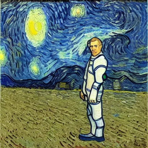 Image similar to portrait of astronaut, starry night in background, by van gogh