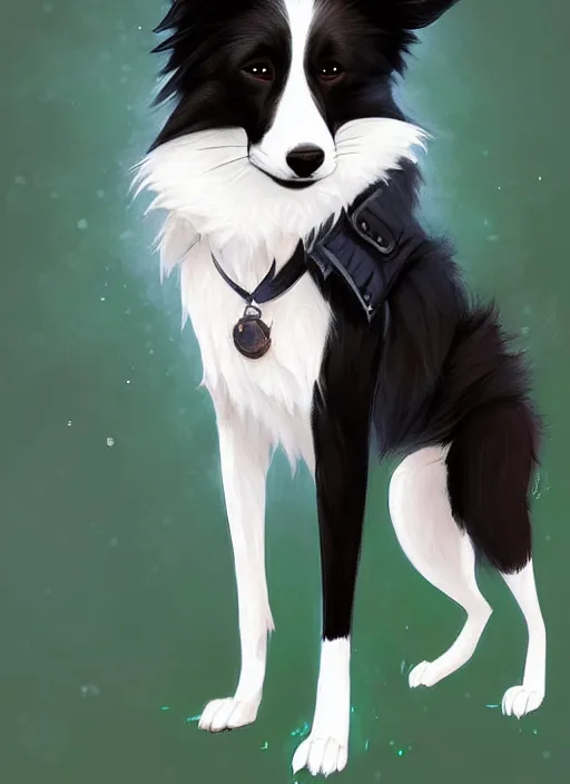 Image similar to full body digital painting of a cute male anthropomorphic border collie fursona wearing a jacket in front of a park, by charlie bowater, henry asencio, and ross tran, furaffinity, scenic background, intricate, elegant, beautiful, fantasy, highly detailed, trending on artstation